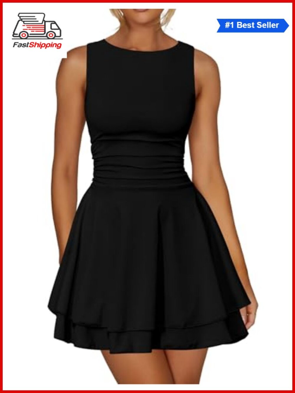 ✨ Ruffle Hem Boat Neck A Line Mini Dress Sleeveless Ruched Party Summer